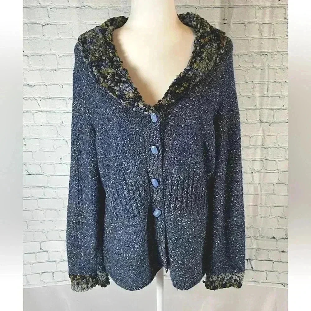 Cj Banks Speckled Knit‎ Cardigan Soft Sweater Blue Button Women's Size L HOLIDAY